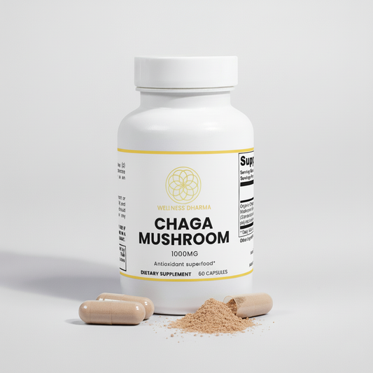 Supplement bottle labeled 'Chaga Mushroom' with capsules and powder on a light gray background