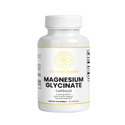 Bottle of Wellness Dharma Magnesium Glycinate capsules on a white background