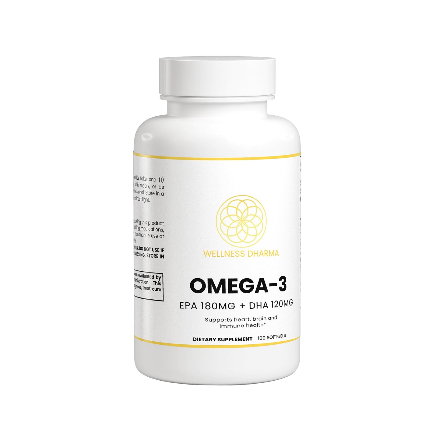 Omega-3 supplement bottle with Wellnessharma branding on a white background