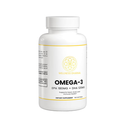 Omega-3 supplement bottle with Wellnessharma branding on a white background