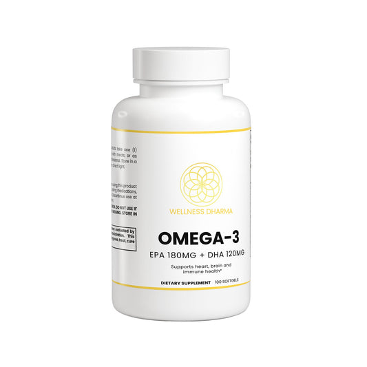 Omega-3 supplement bottle with Wellnessharma branding on a white background