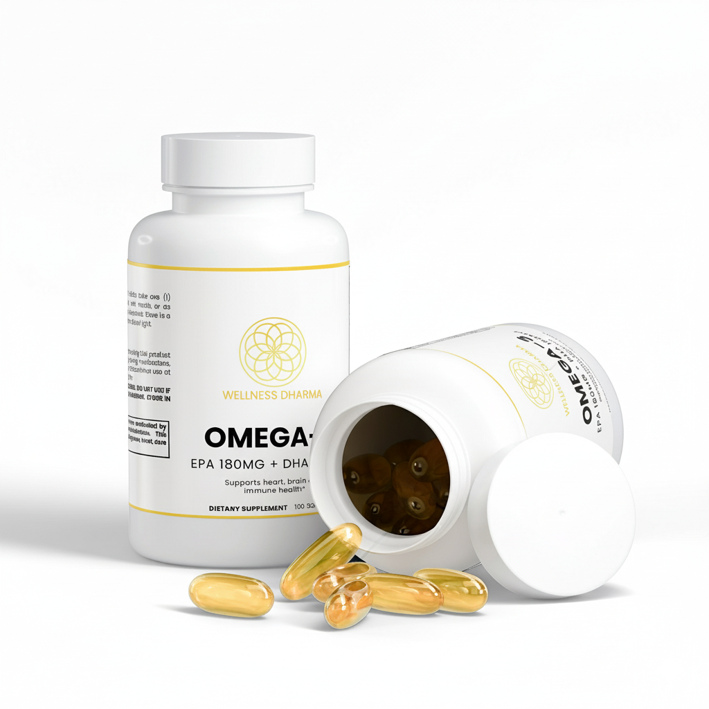 Omega supplement bottle with open lid showing capsules on a white background