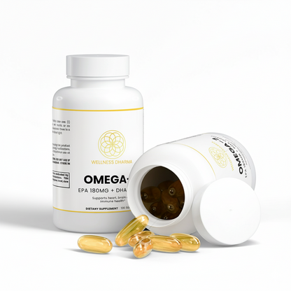 Omega supplement bottle with open lid showing capsules on a white background