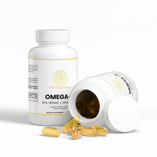 Omega supplement bottle with open lid showing capsules on a white background
