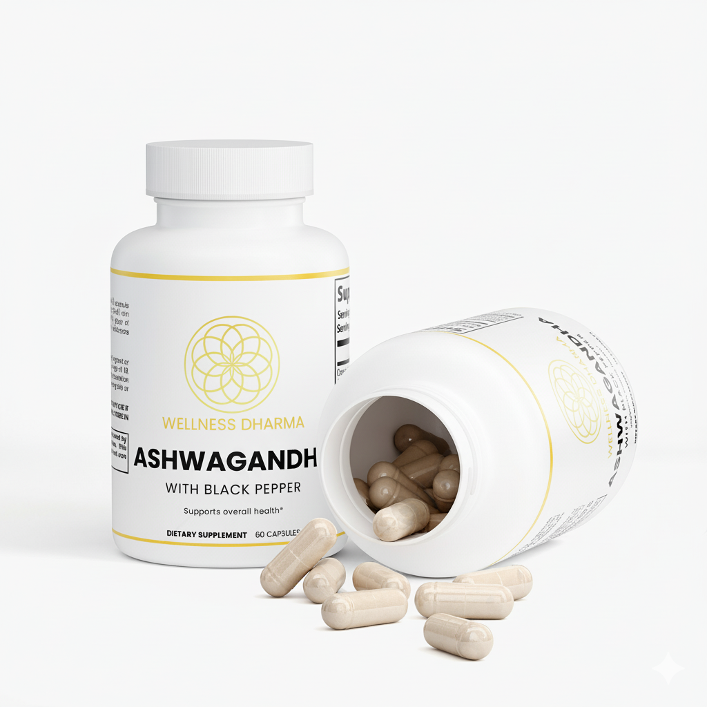 Supplement bottle labeled 'Ashwagandha with Black Pepper' from Wellness Dharma on a white background.