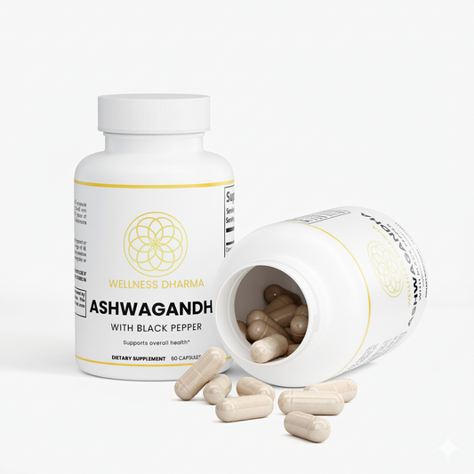 Supplement bottle labeled 'Ashwagandha with Black Pepper' from Wellness Dharma on a white background.