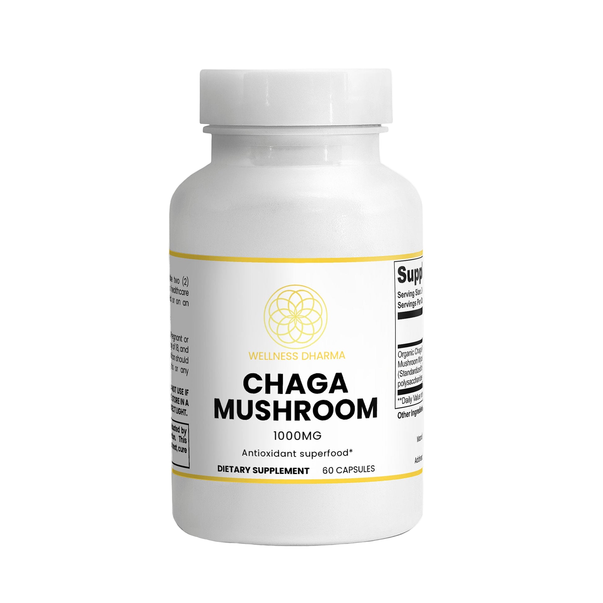 Supplement bottle labeled 'Chaga Mushroom' on a white background