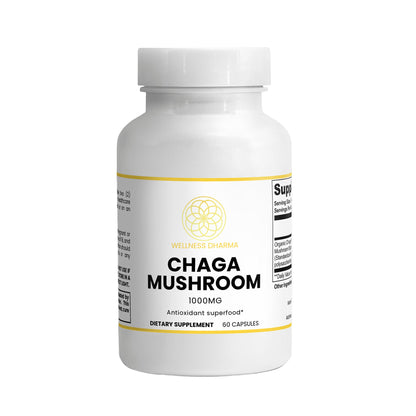Supplement bottle labeled 'Chaga Mushroom' on a white background