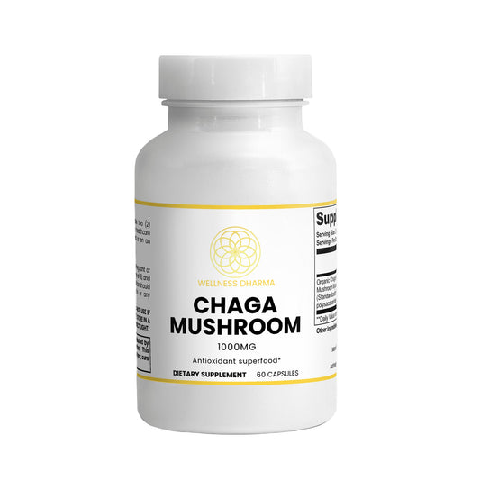 Supplement bottle labeled 'Chaga Mushroom' on a white background