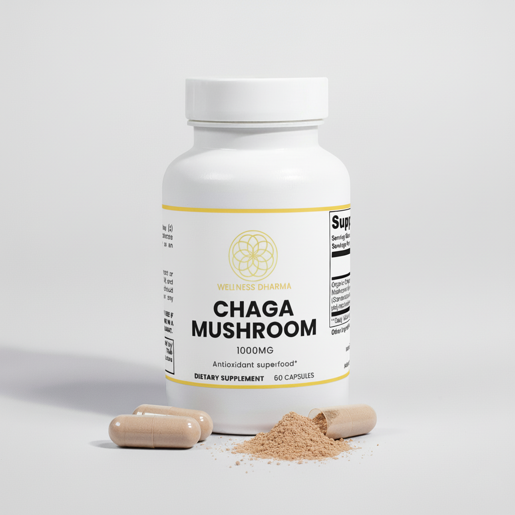 Supplement bottle labeled 'Chaga Mushroom' with capsules and powder on a light gray background