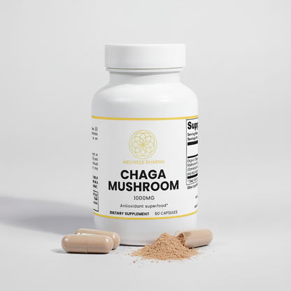 Supplement bottle labeled 'Chaga Mushroom' with capsules and powder on a light gray background