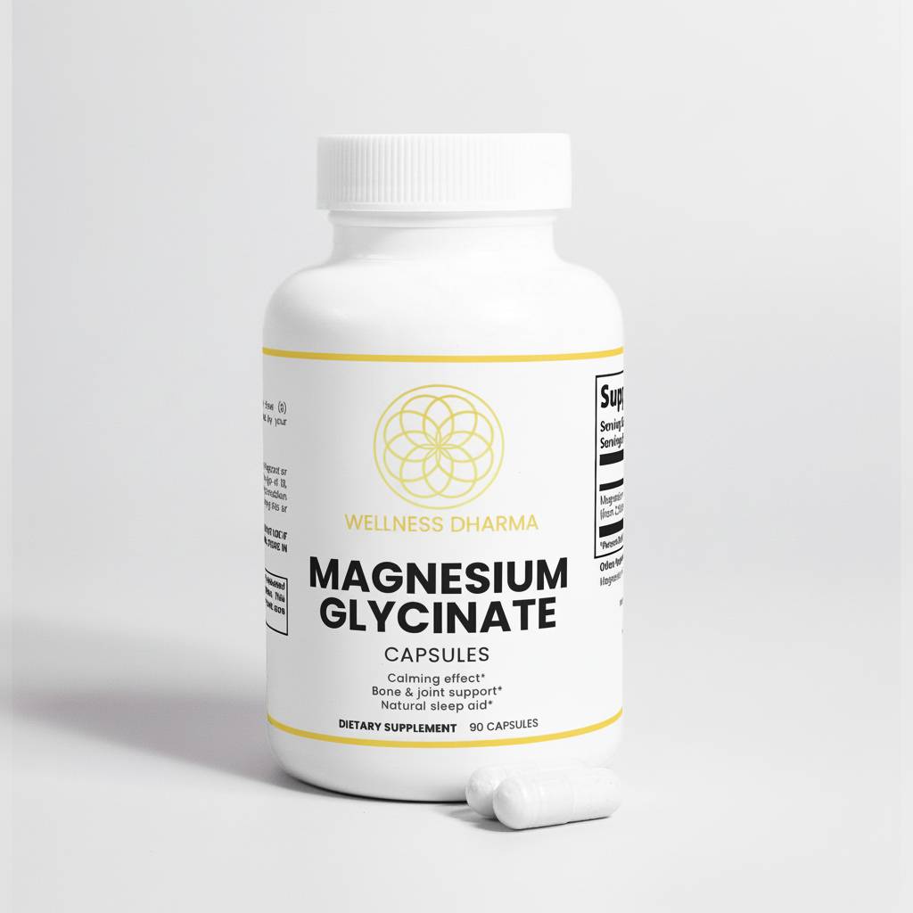 Supplement bottle labeled 'Magnesium Glycinate' on a light gray background