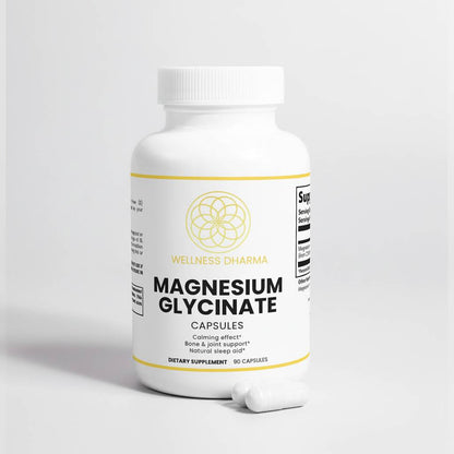 Supplement bottle labeled 'Magnesium Glycinate' on a light gray background