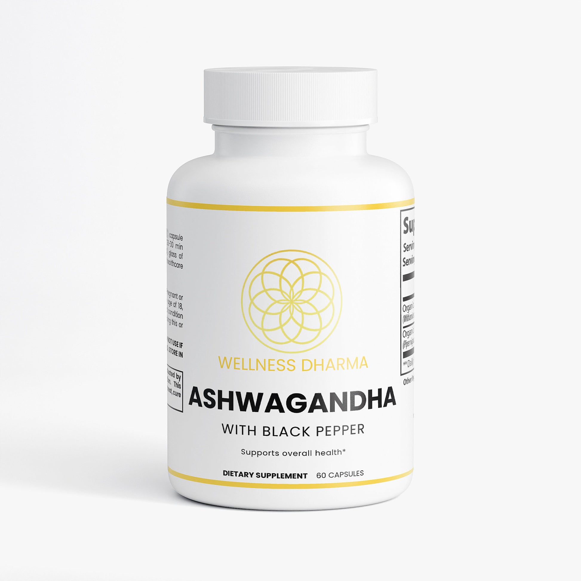 Supplement bottle labeled 'Wellness Dharma Ashwagandha with Black Pepper' on a white background