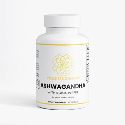 Supplement bottle labeled 'Wellness Dharma Ashwagandha with Black Pepper' on a white background