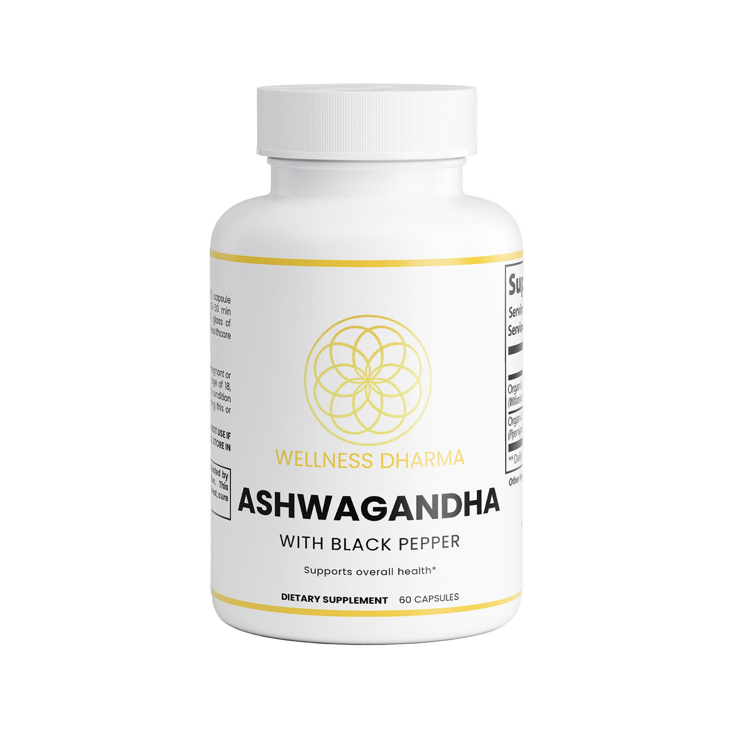 Supplement bottle labeled 'Wellness Dharma Ashwagandha with Black Pepper' on a white background