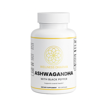 Supplement bottle labeled 'Wellness Dharma Ashwagandha with Black Pepper' on a white background