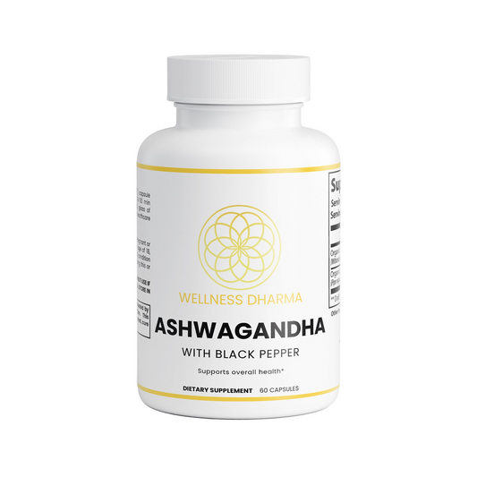 Supplement bottle labeled 'Wellness Dharma Ashwagandha with Black Pepper' on a white background