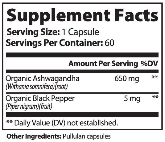 Supplement facts label for a product containing Organic Ashwagandha and Organic Black Pepper.