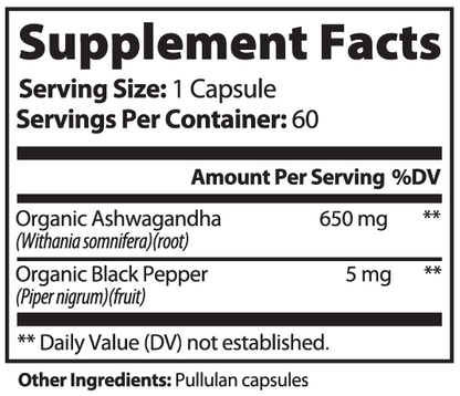 Supplement facts label for a product containing Organic Ashwagandha and Organic Black Pepper.