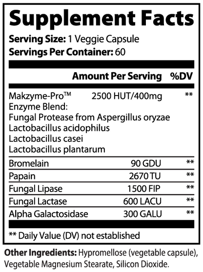 Supplement facts label for a product with various enzymes and their amounts per serving.