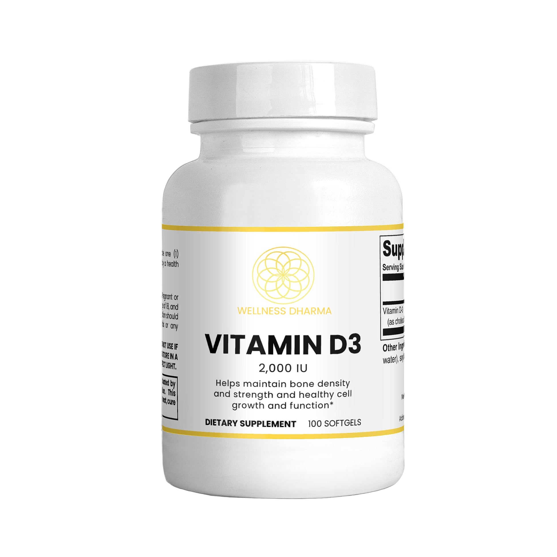 Vitamin D3 supplement bottle with label on a white background