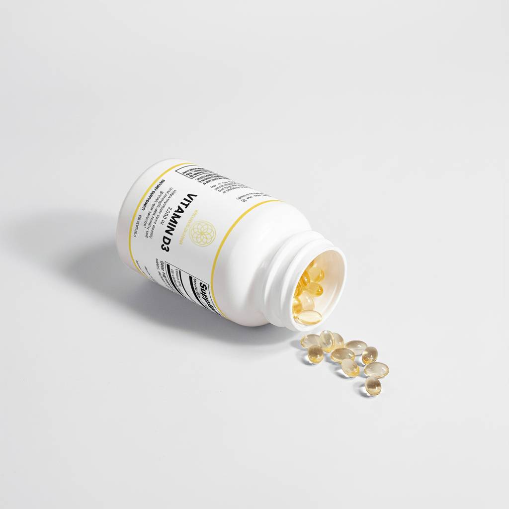 Vitamin supplement bottle with open lid on a light gray background